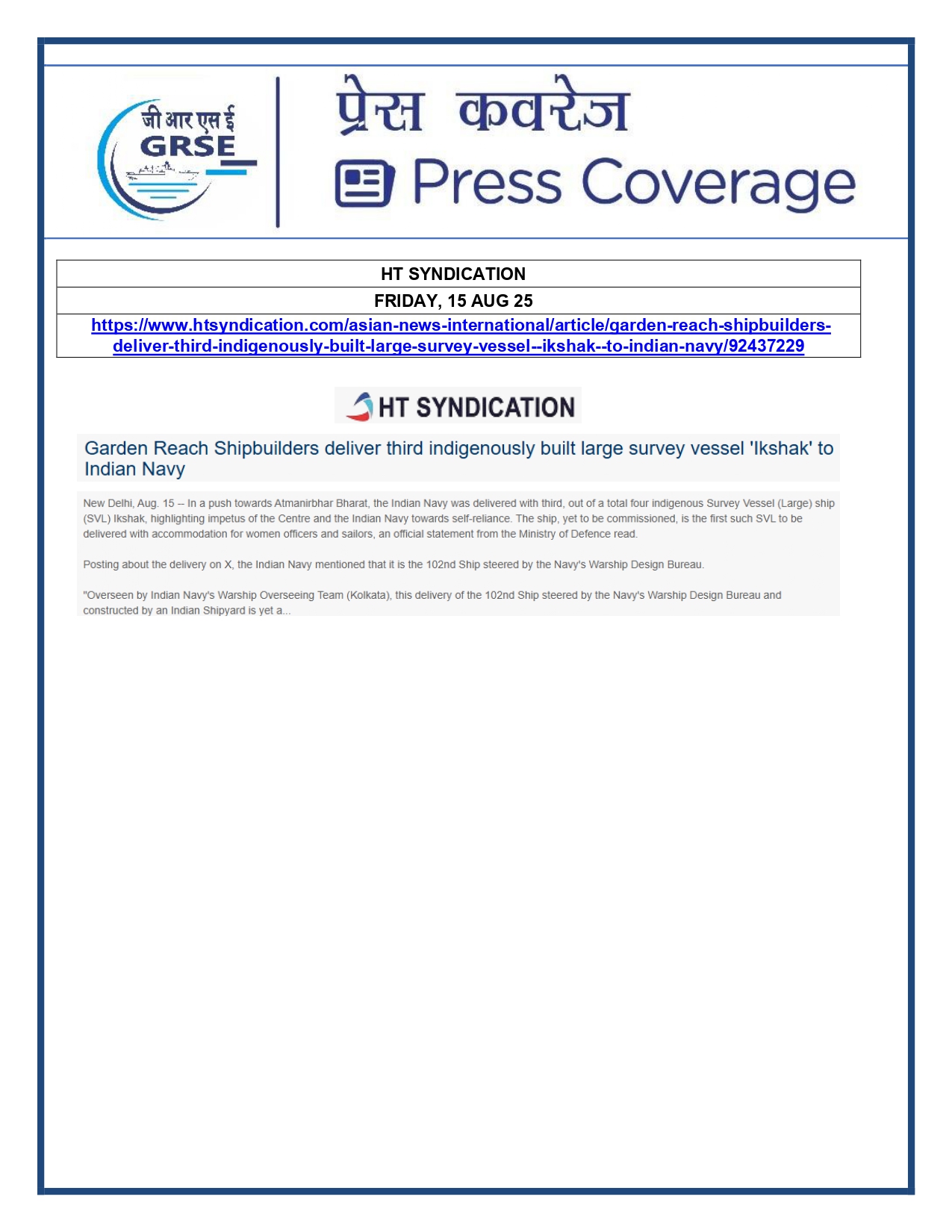 Press Coverage : 15 Aug 25:Navy takes delivery of Third Survey Vessel 'Ikshak' from GRSE